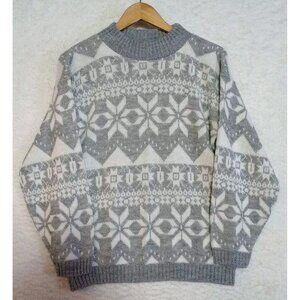 Adele Knitwear Sweater Nordic Snowflake Mockneck Gray White Vtg 80s USA